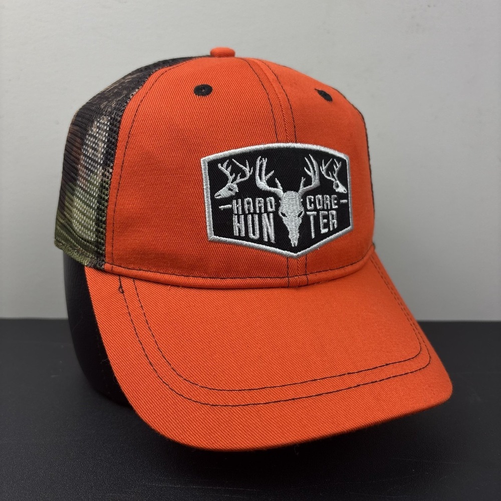 Hard Core Hunter Hat Deer Skull Blaze Orange Camo Mesh Trucker Strapback Cap
